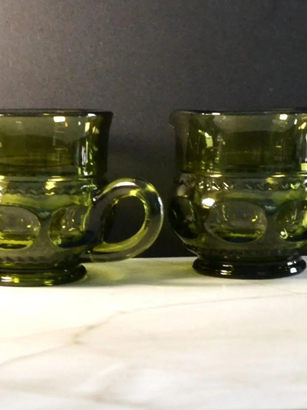 Vintage Indiana Glass King's Crown Thumbprint 3pc Set Creamer Sugar Green